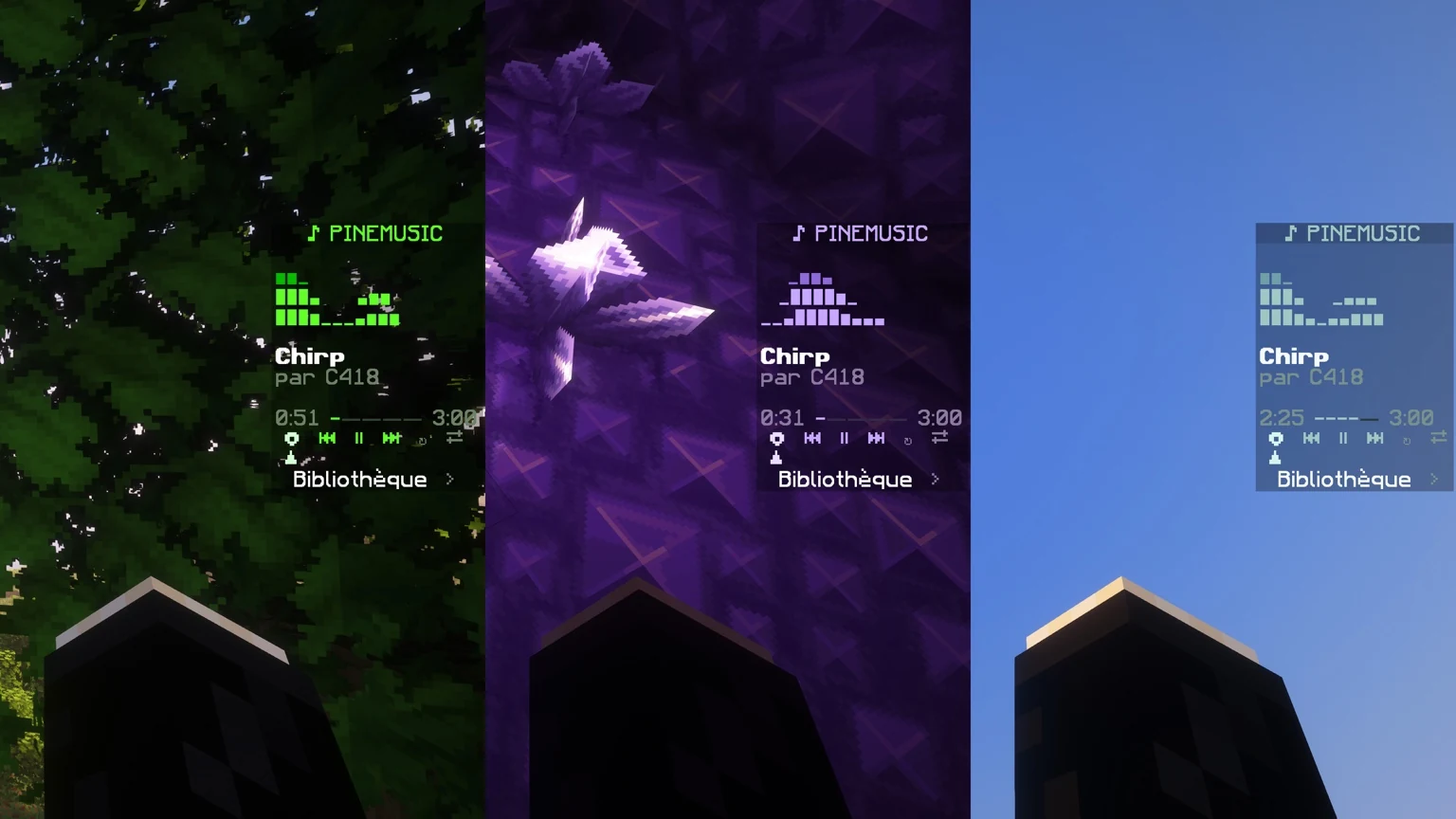 PineMusic affiché dans trois situations de jeu avec la même structure d’interface